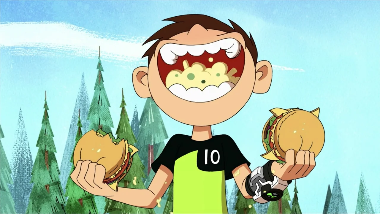 Ben 10: Ben 10,010 (2021) movie still: medium — A boy stands in front of a backdrop of stylized pine trees under blue sky. The boy is stuffing a…