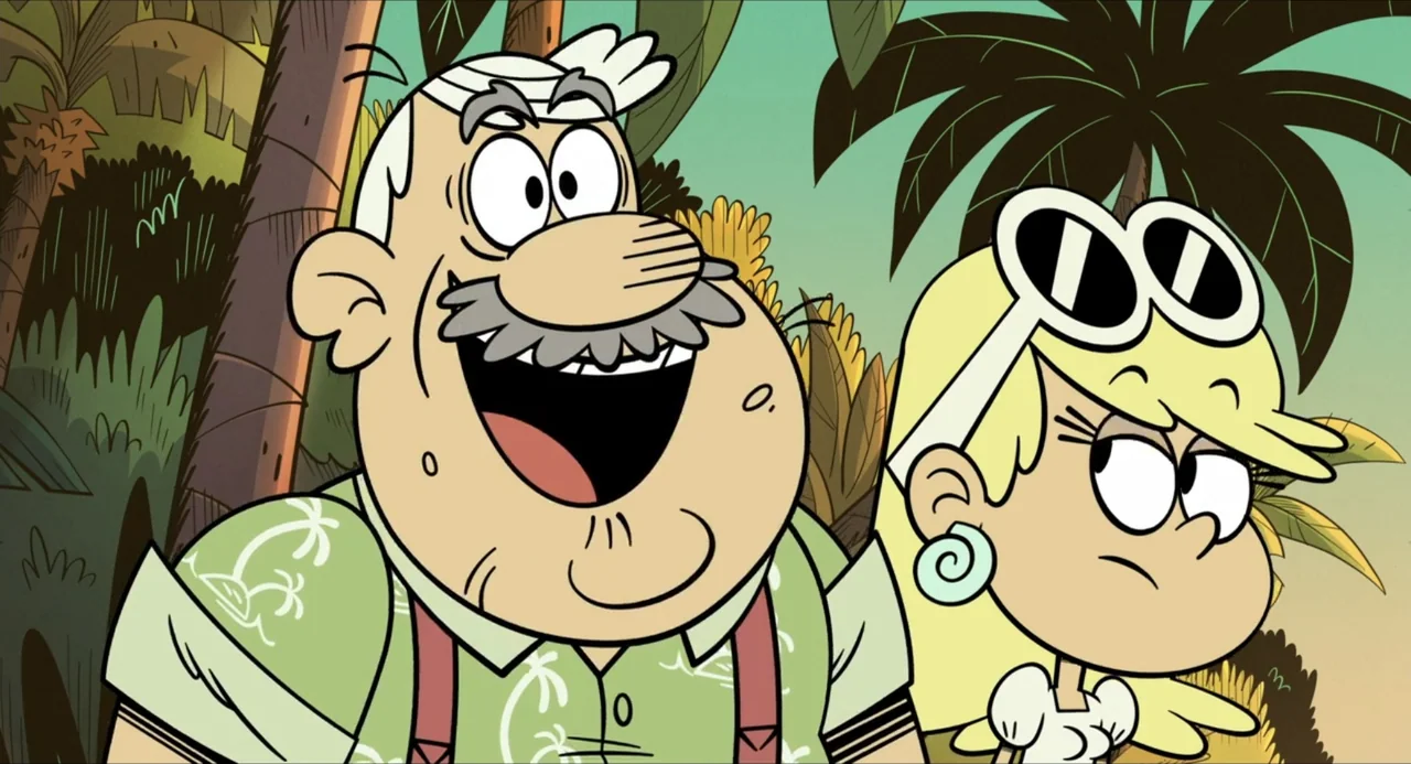 No Time to Spy: A Loud House Movie (2024) movie still: medium — A cartoon depicts an older man with a mustache beside a blonde girl. They stand…