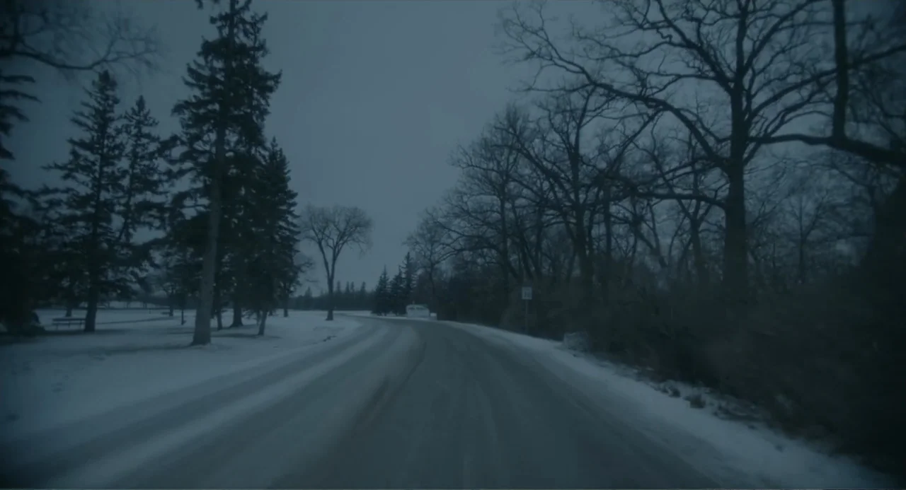 Orphan: First Kill (2022) movie still: establishing — A quiet road winds through a snow-covered park lined with dense, leafless winter trees. The…