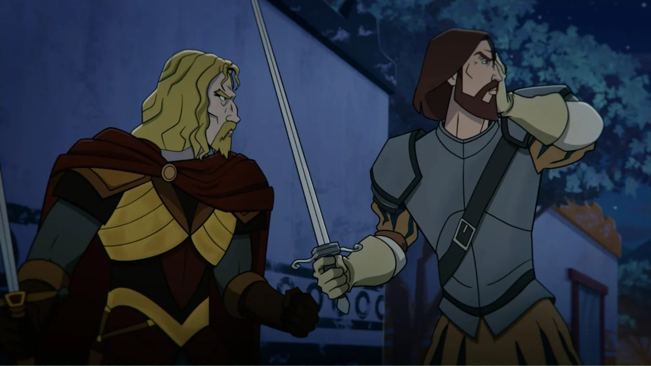 Aztec Batman: Clash of Empires (2025) movie still: medium — An outdoor courtyard at night features two medieval warriors in armor. The men stand in…