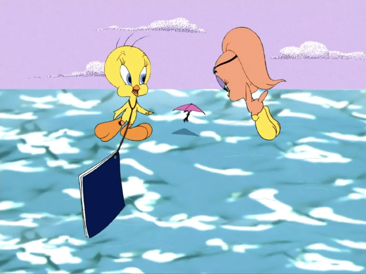 Tweety's High Flying Adventure (2000) movie still: medium — A cartoon scene shows two yellow bird characters suspended above a bright blue ocean. A…