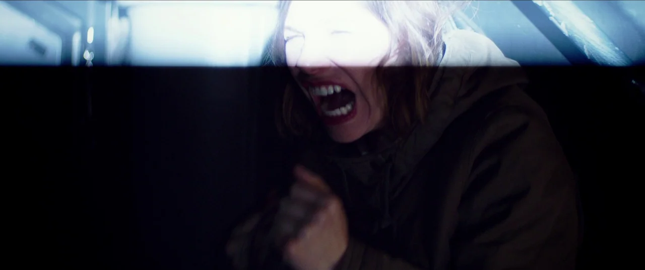 The Nowhere Inn (2020) movie still: closeup — A woman is trapped in a dark, tight space with a severe shutter-style light flare. She screams with…