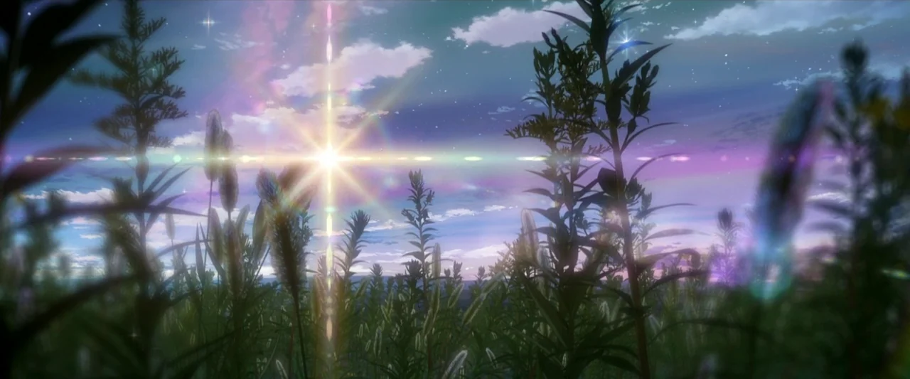 Suzume (2022) movie still: establishing — A field of tall wild grasses at twilight under a star-filled sky. An intense bright starburst light source…