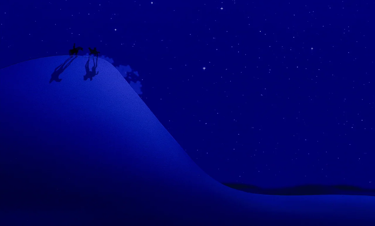 Aladdin (1992) movie still: wide — A vast sand dune stretches across a night landscape under a clear starry sky. Two small dark silhouettes of…