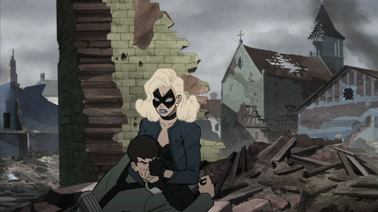 Justice Society: World War II (2021) movie still: medium — A war-torn urban street features a dilapidated stone wall and a heavily damaged church. A…