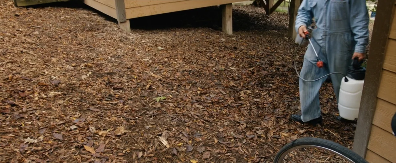 Camp Hideout (2023) movie still: medium — A man stands on a bed of dry fallen leaves next to a wooden deck. He holds a white chemical sprayer and…