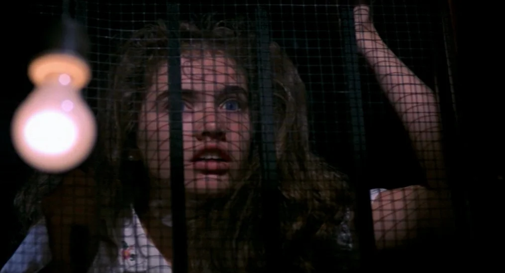 A Nightmare On Elm Street (1984) movie still: closeup — A woman looks through a dark, heavy wire mesh barrier in a dark room. A single bright…