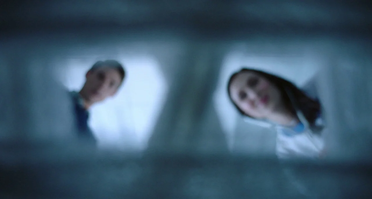 Nightmare Cinema movie still: medium — A man and a woman look down from above into a deep, dimly visible opening. The view is from a low-angle…