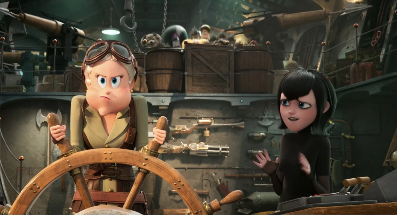 Hotel Transylvania: Transformania (2022) movie still: medium — A cluttered ship bridge features wooden barrels and wall-mounted antique weaponry. An…