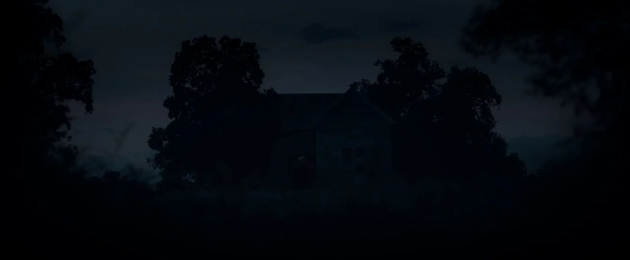 Ain’t Them Bodies Saints (2013) movie still: establishing — A dark, silhouetted house is surrounded by dense trees against a faint night sky. The…