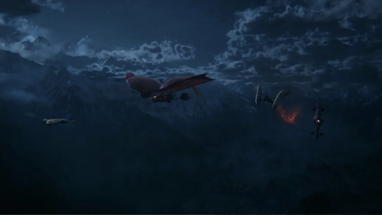 Mortal Engines (2018) movie still: wide — Dark mountain peaks rise into a cloudy night sky illuminated by faint moonlight. Several distinct aircraft…