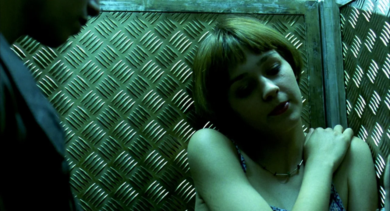 The Good Thief (2002) movie still: medium — The interior of an elevator with textured, industrial diamond-plate steel wall panels. A young woman…