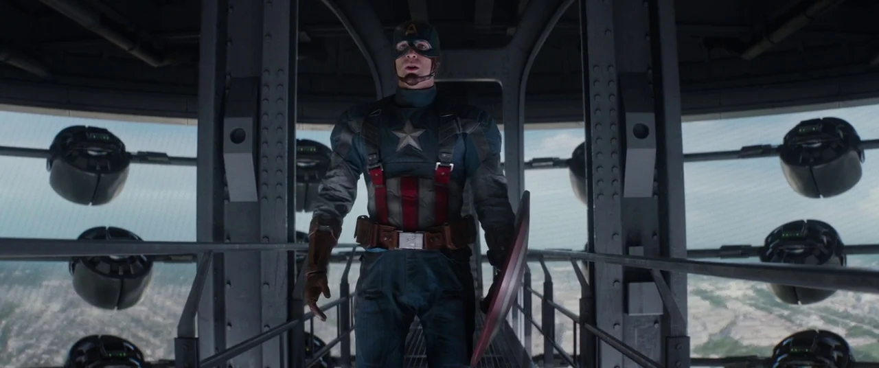 Captain America: The Winter Soldier (2014) movie still: medium — A high-altitude interior observation deck features riveted steel supports and…