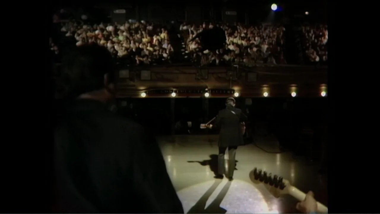 The Winding Stream (2014) movie still: medium — A dimly lit concert hall stage features a performer standing under a single spotlight. The musician…