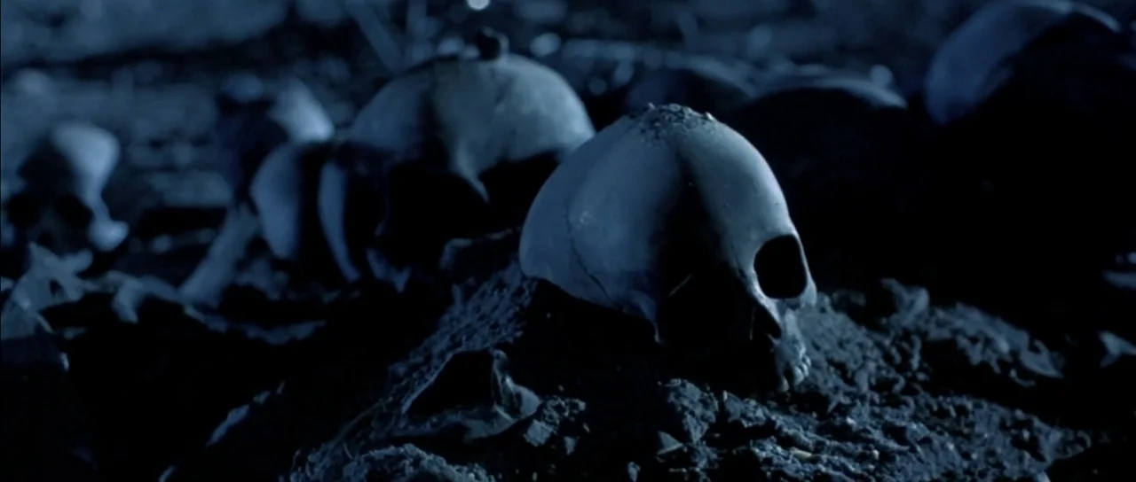 Terminator 2: Judgement Day (1991) movie still: closeup — Multiple human skulls are partially buried in dark, loose soil on the ground. The remains…