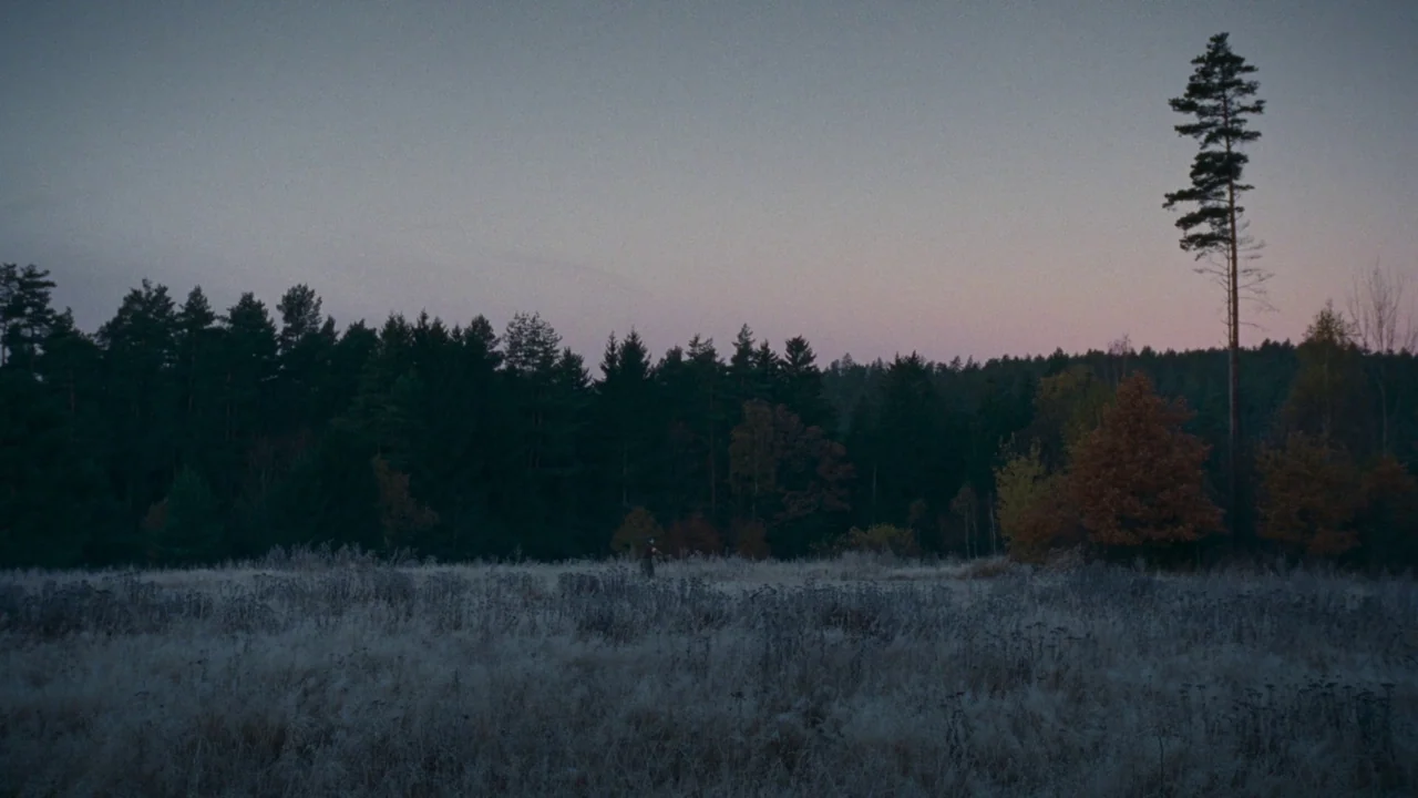 The Devil’s Bath (2024) movie still: wide — A frost-covered meadow lies beneath a soft, pale twilight sky at dawn. A dense coniferous forest lines…