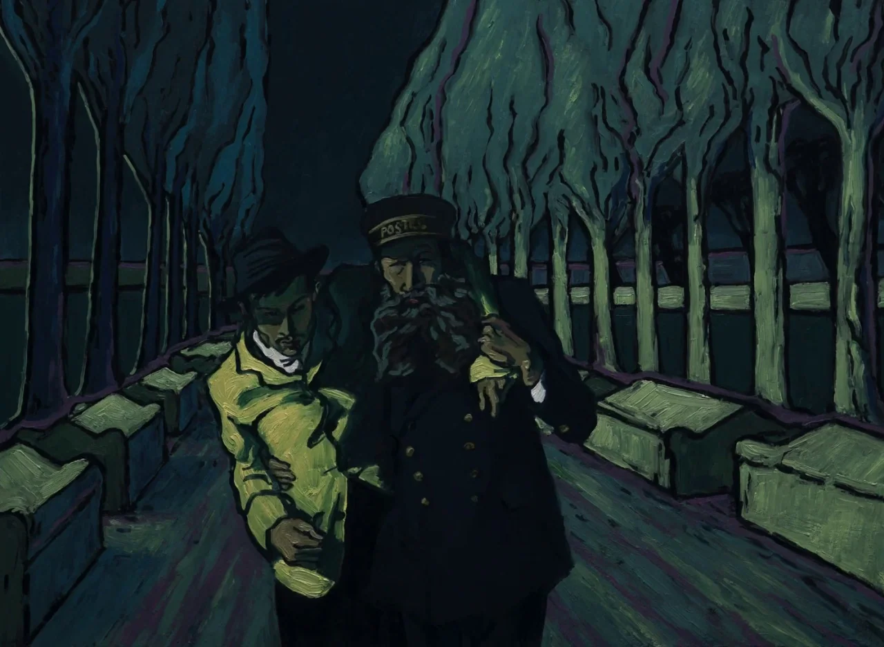 Loving Vincent (2017) movie still: medium — A path bordered by rows of bare trees leads into the dark distance. An older man in a uniform supports a…