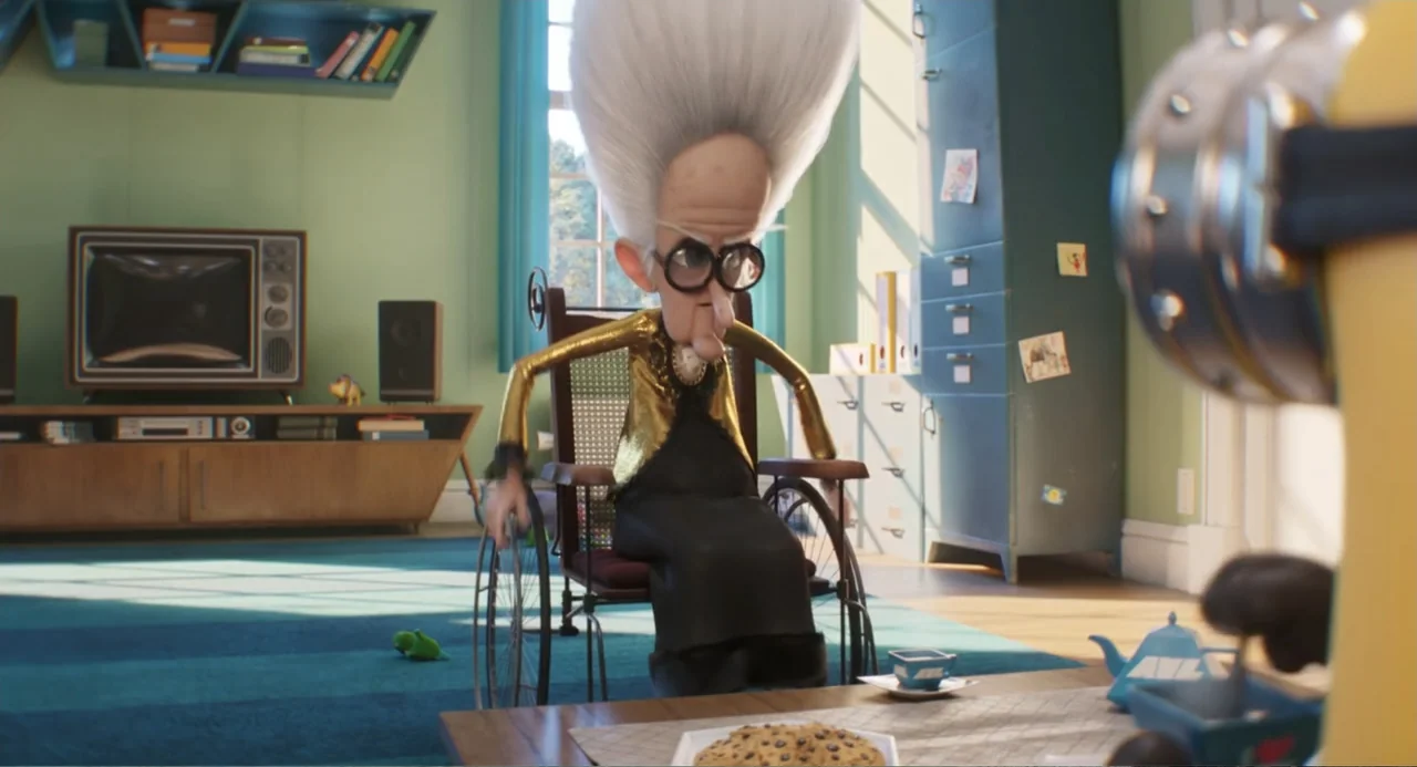 Despicable Me 4 (2024) movie still: medium — An airy living room features mint green walls and retro furniture under bright daylight. An elderly…