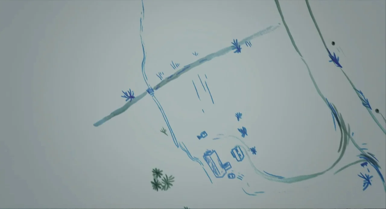 Ninjababy (2021) movie still: establishing — A top-down hand-drawn map shows blue ink lines forming roads and rectangular buildings. Clusters of…