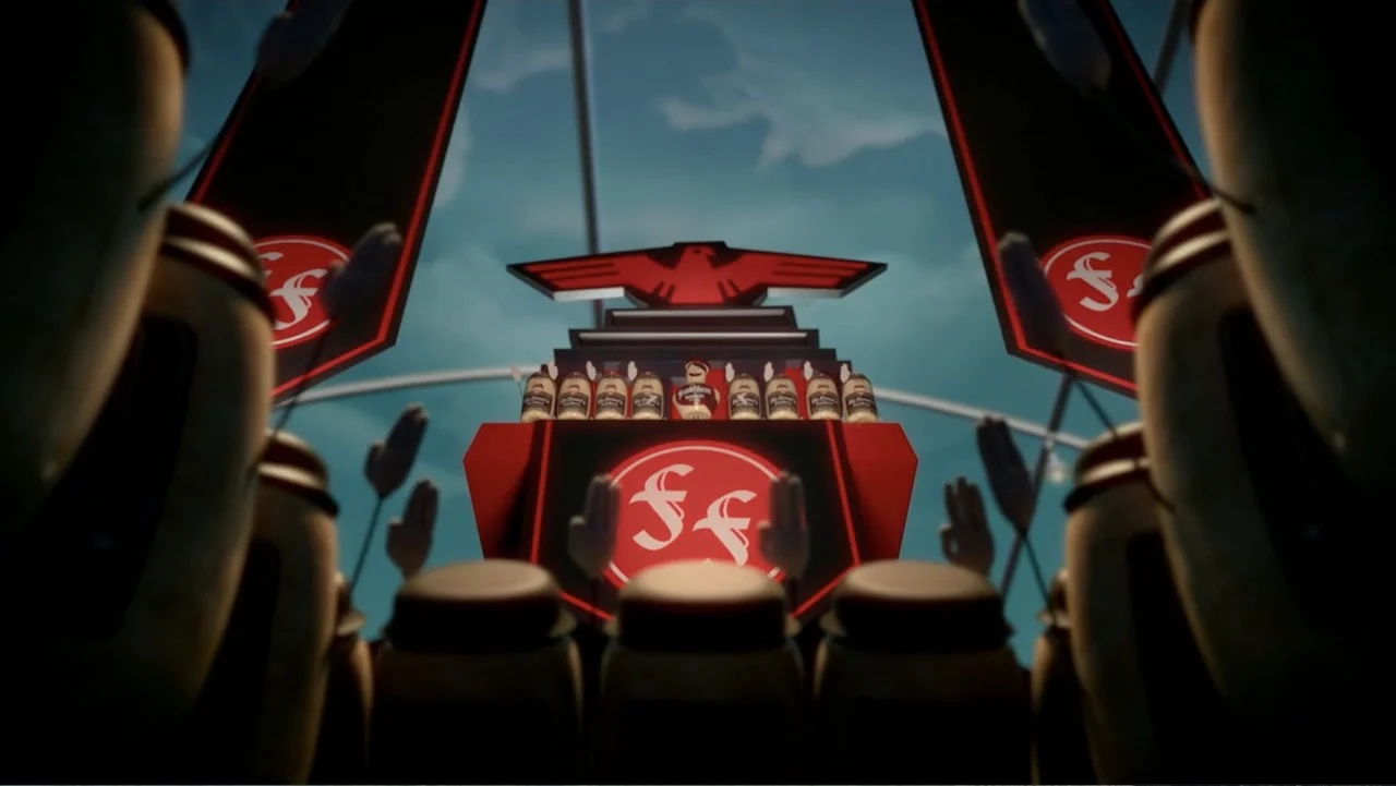 Sausage Party (2016) movie still: wide — A tiered platform features red banners and a stylized eagle crest under blue skies. Multiple rows of…