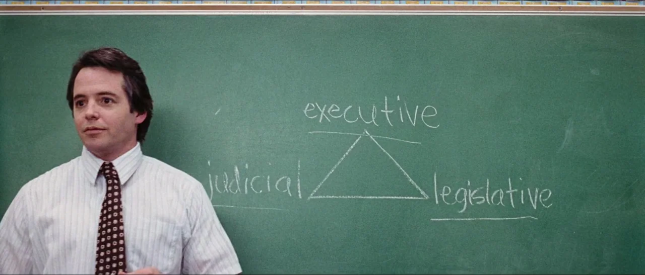Election (1999) movie still: medium — A school classroom featuring a green chalkboard with white chalk writing about government branches. A male…