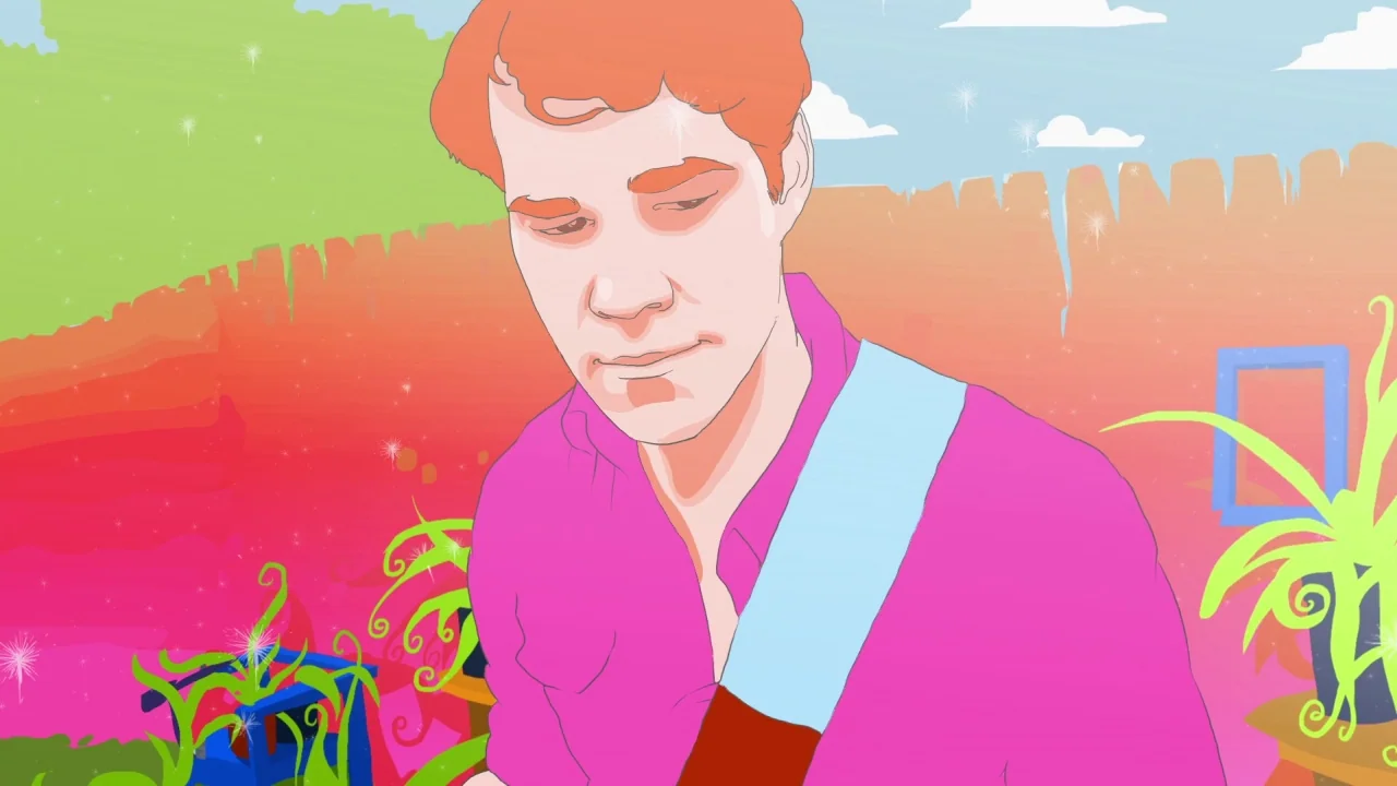 Tower (2016) movie still: medium — An outdoor area features stylized pink walls and abstract green plants with sparkling details. A man with orange…