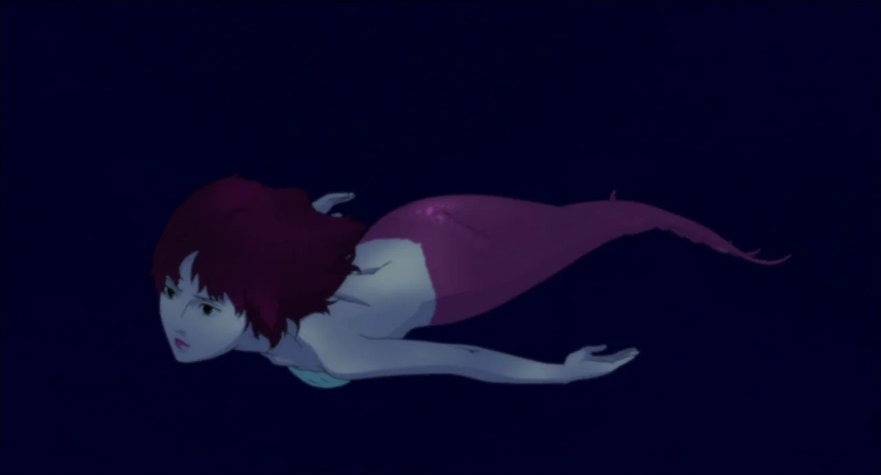 Paprika (2006) movie still: medium — A mermaid swims horizontally through a vast and dark body of water. The subject is positioned horizontally in…
