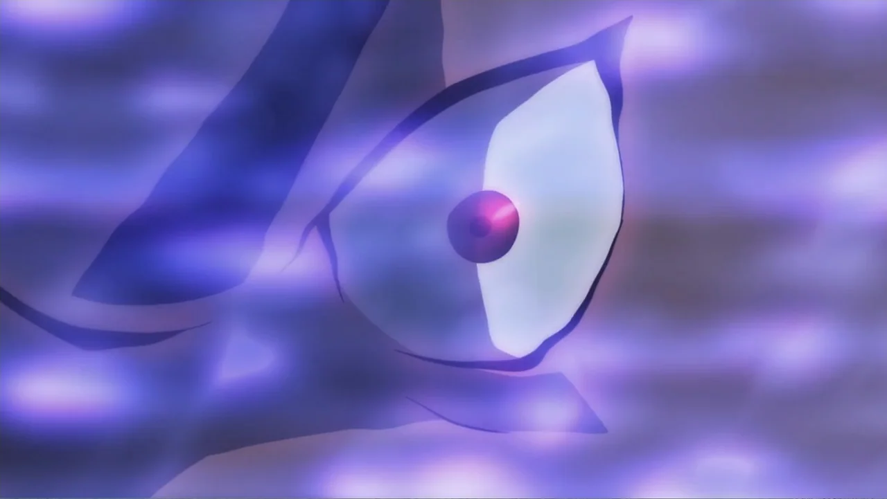 Legion of Super-Heroes (2023) movie still: closeup — A close-up view shows a single eye floating in an abstract purple environment. The iris is dark…