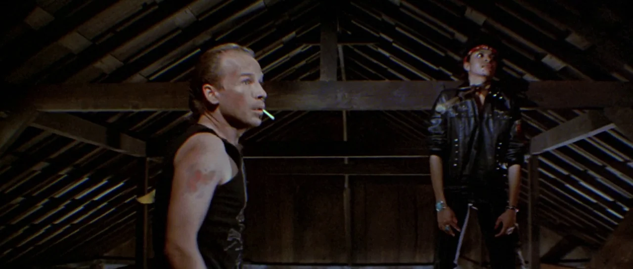 Friday the 13th Part III (1982) movie still: medium — A dark wooden attic has exposed rafters and a sloping ceiling. Two men stand in the space…