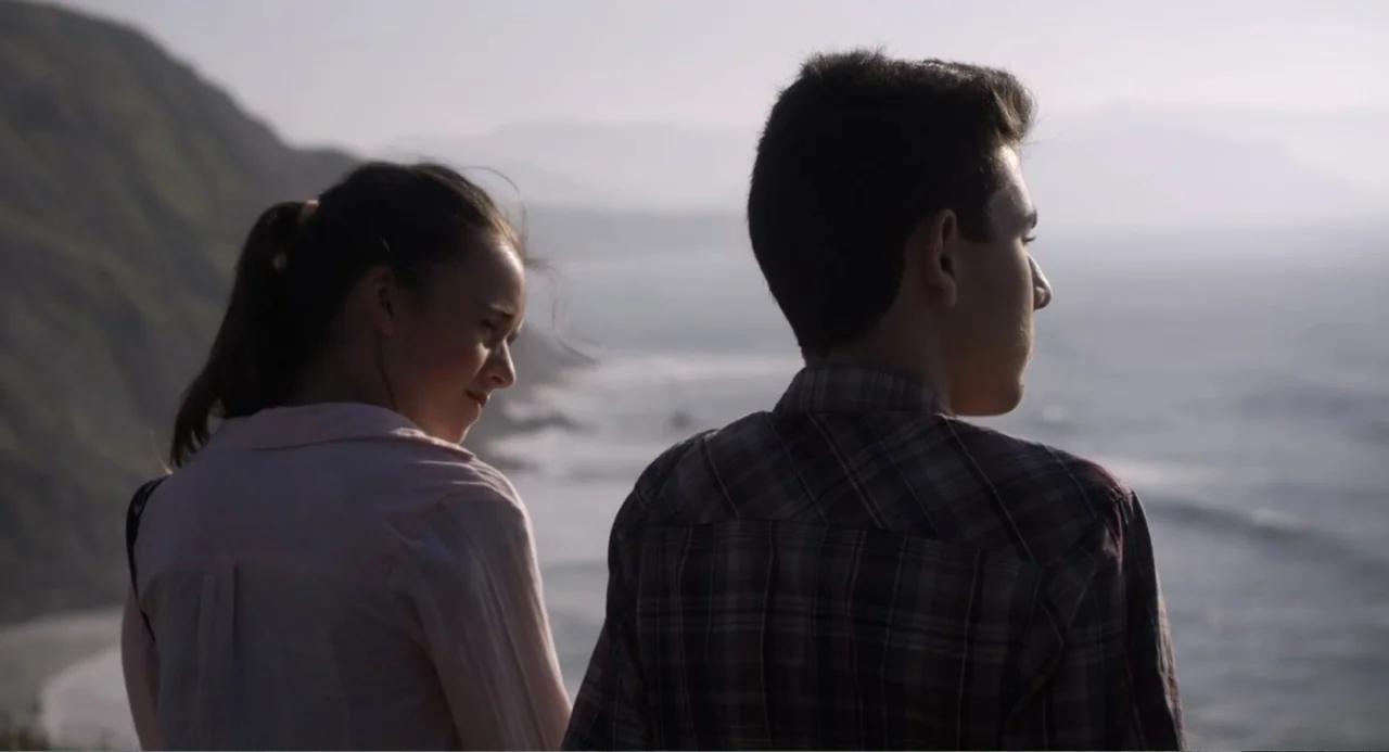Newton's Third Law (2017) movie still: medium — A coastal cliffside overlooks the ocean under a pale, overcast sky. A young couple stands together…