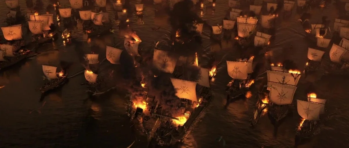 How to Train Your Dragon: The Hidden World (2019) movie still: establishing — A vast naval fleet of wooden warships sails across dark water at…