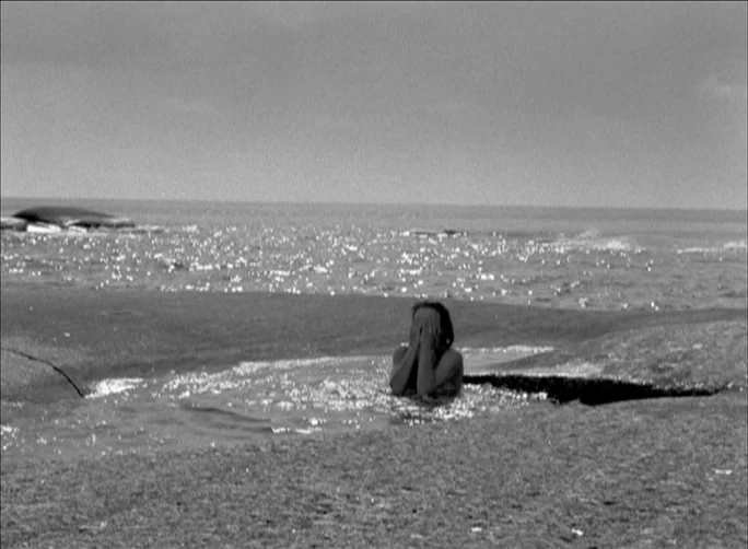 Summer with Monika (1953) movie still: wide — A person sits submerged in a shallow pool carved into flat, weathered coastal rocks. The surrounding…