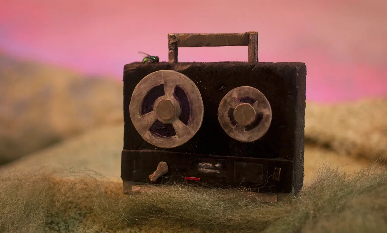 The Silent Twins (2022) movie still: closeup — A handmade miniature model of a reel-to-reel tape recorder sits on mossy ground. A small fly rests on…