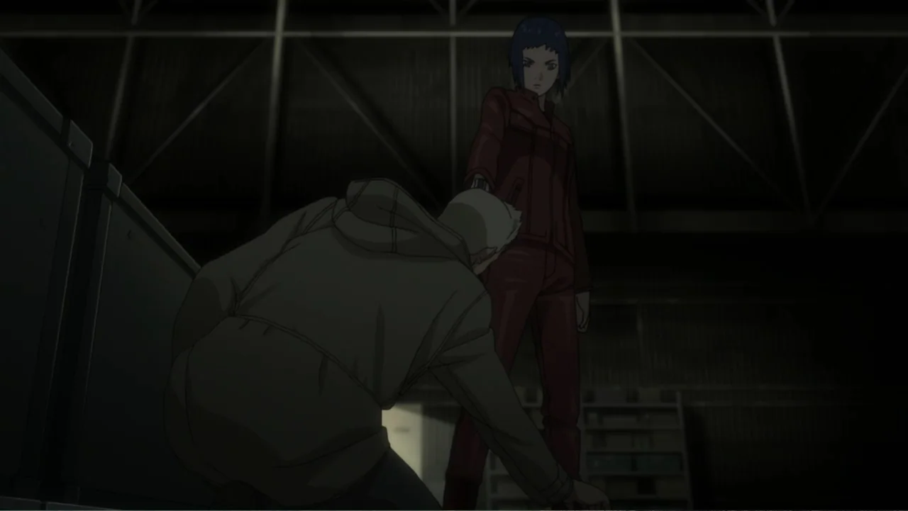Ghost in the Shell: Arise - Border 1: Ghost Pain (2013) movie still: medium — A dark, dimly lit warehouse interior features steel beams and…
