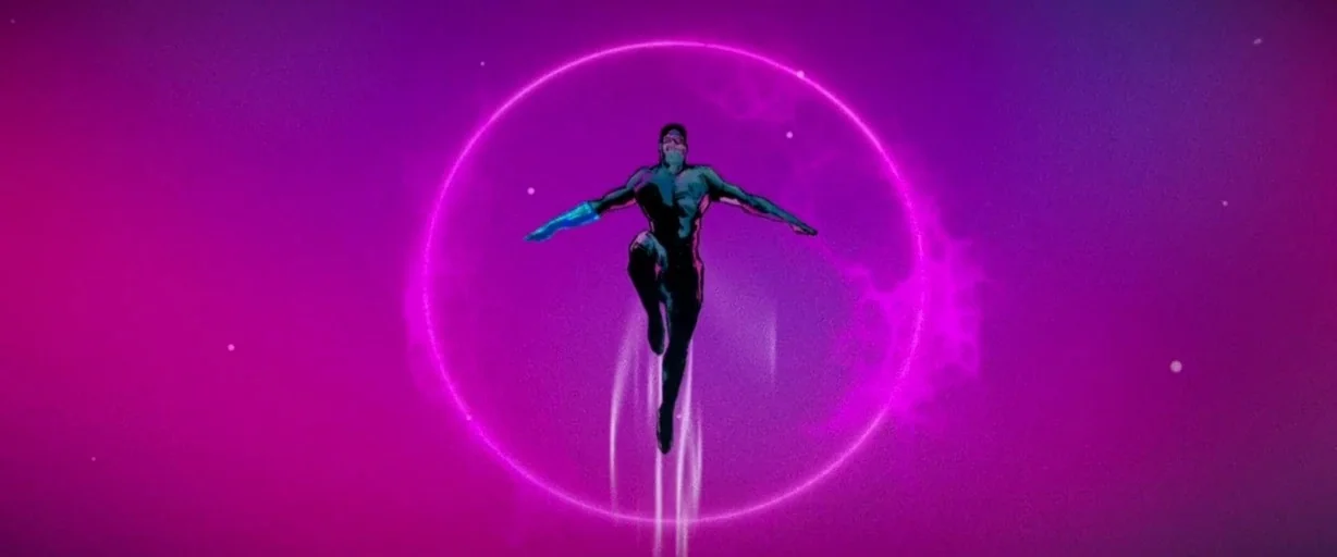 Archenemy (2020) movie still: wide — A figure floats in a vast purple void framed by a large glowing circle. The subject performs a mid-air pose…