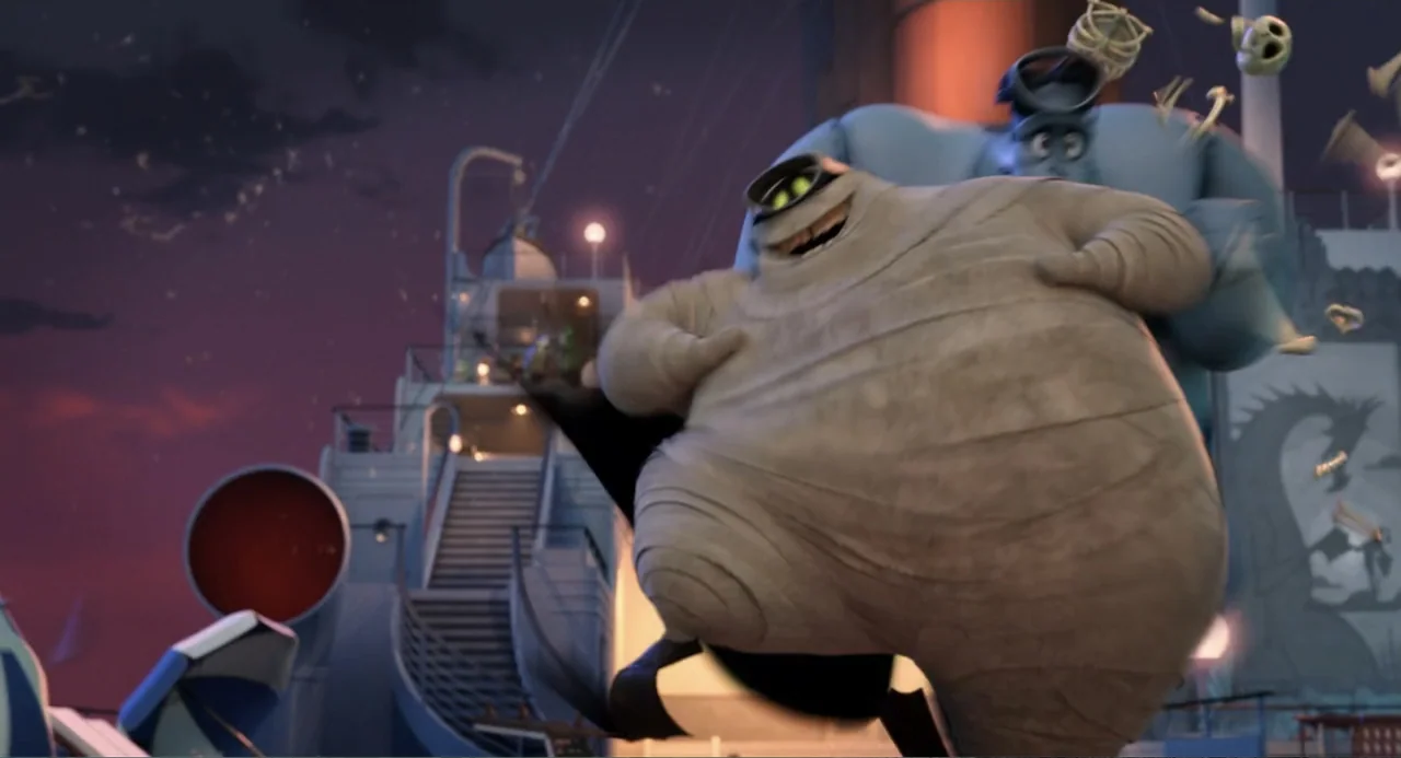 Hotel Transylvania 3: Summer Vacation (2018) movie still: medium — The exterior deck of a large cruise ship at dusk shows staircases and railings. A…
