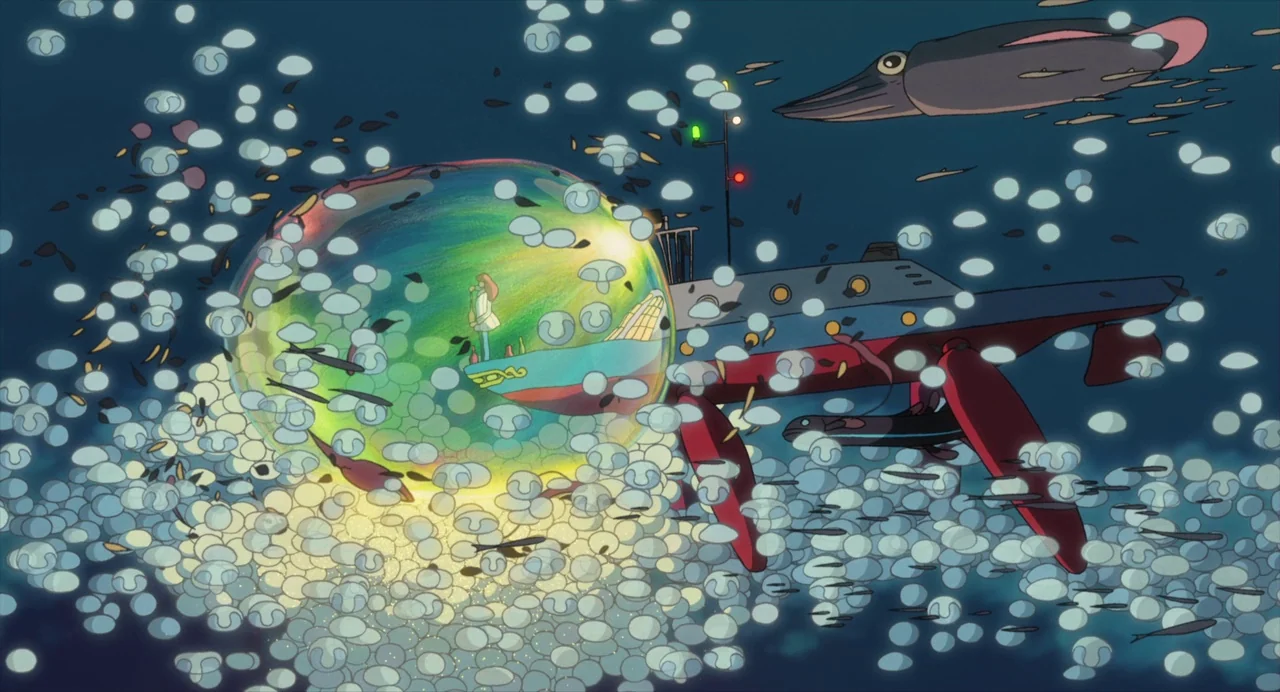 Ponyo (2008) movie still: wide — A deep blue underwater scene contains a glowing translucent bubble and a submarine. Small circular bioluminescent…