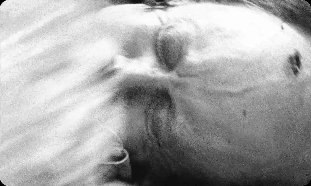 Vulcanizadora (2024) movie still: closeup — White fabric displays deep folds and wrinkles in a stark, high-contrast black and white. Light…