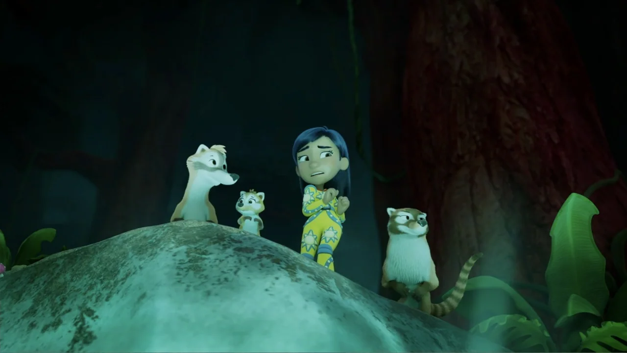Valiente: A Tracker Story (2025) movie still: medium — A dark, shadowed forest environment features a large rock formation hosting multiple small…