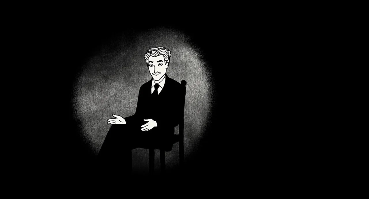 Persepolis (2007) movie still: medium — A stylized 2D cartoon man sits within a circular pool of white light. He gestures with his open hands while…