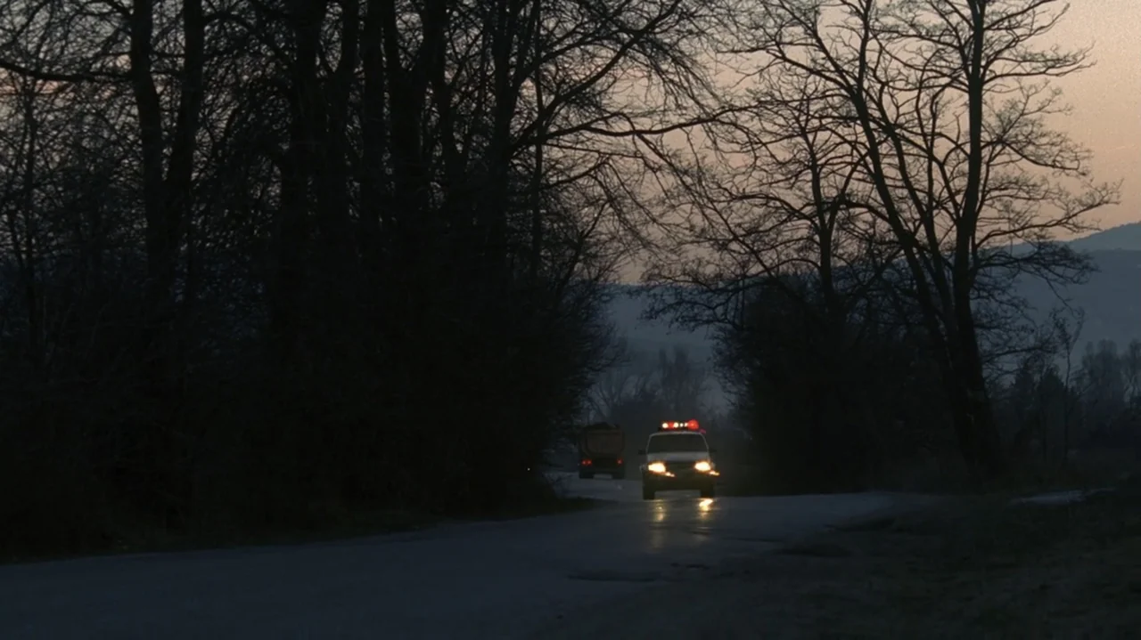 The Shepherd (2023) movie still: wide — A rural asphalt road runs between dark silhouettes of dense, leafless winter trees. An emergency vehicle…
