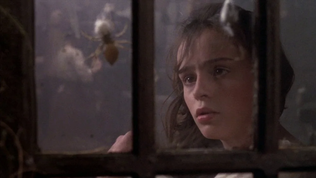 The Company of Wolves (1984) movie still: closeup — A dark stone cell with a heavy iron-barred window opening to a dim space. A young girl stares…
