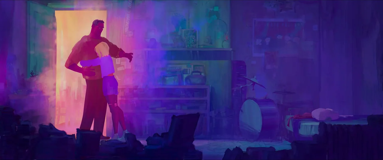 Spider-Man: Across the Spider-Verse (2023) movie still: fullbody — A cluttered room containing a drum set, shelves, and a bed under purple light. An…