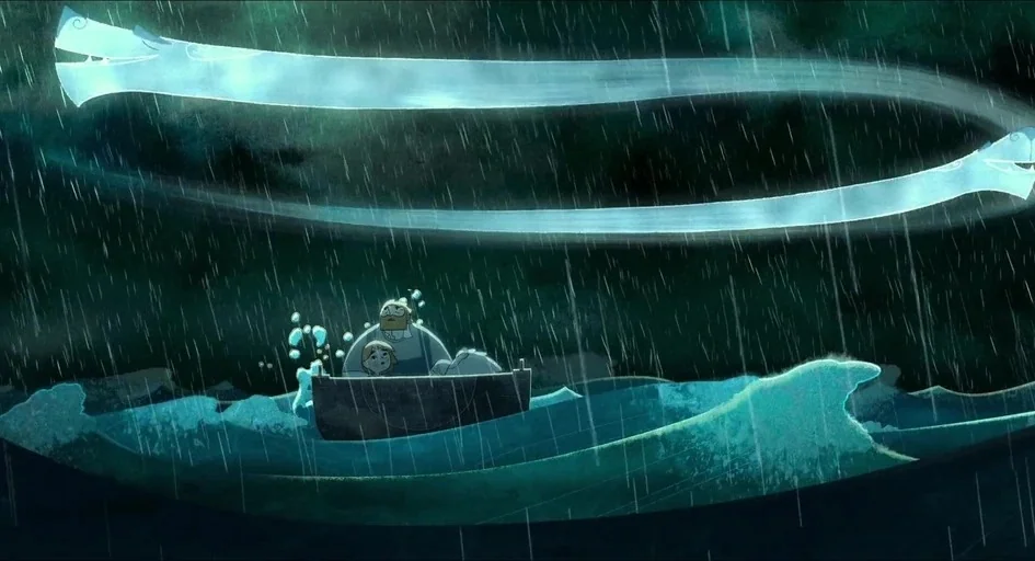 Song of the Sea (2014) movie still: wide — A dark, stormy sea at night with heavy rain and rough waves. Two characters in a small wooden boat look…