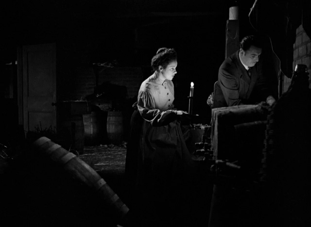 The Spiral Staircase (1946) movie still: medium — A dark subterranean space contains wooden barrels and brick walls partially illuminated by…