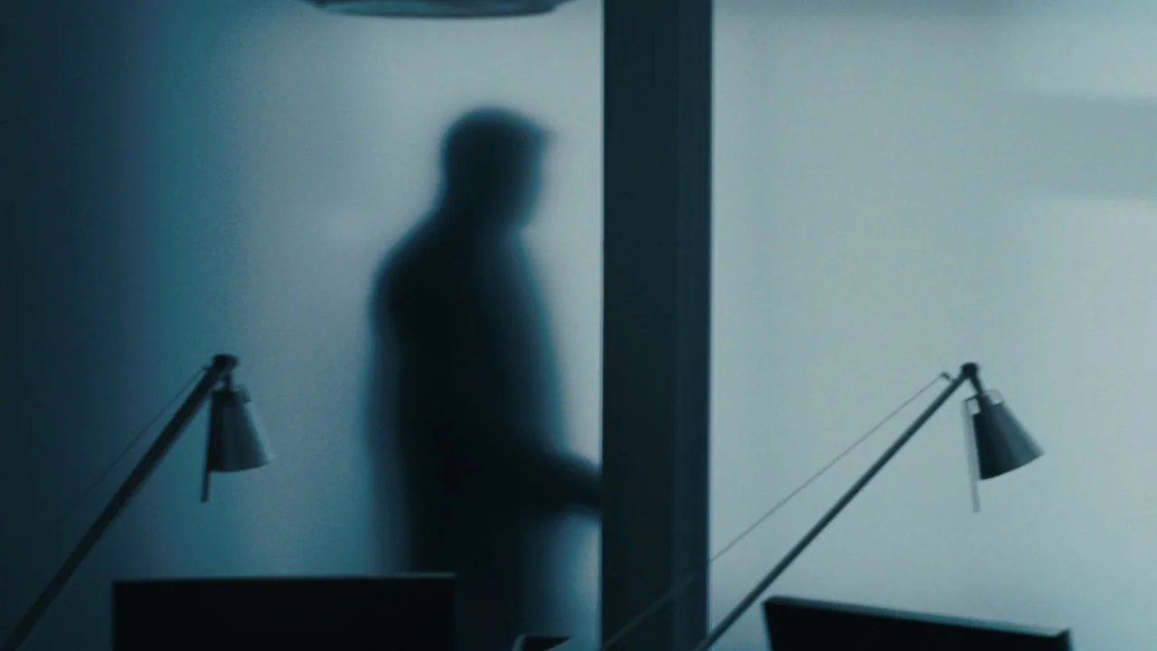 Saw VI movie still: medium — A dark human silhouette stands behind a large frosted glass office partition. Two desk lamps are positioned in the…