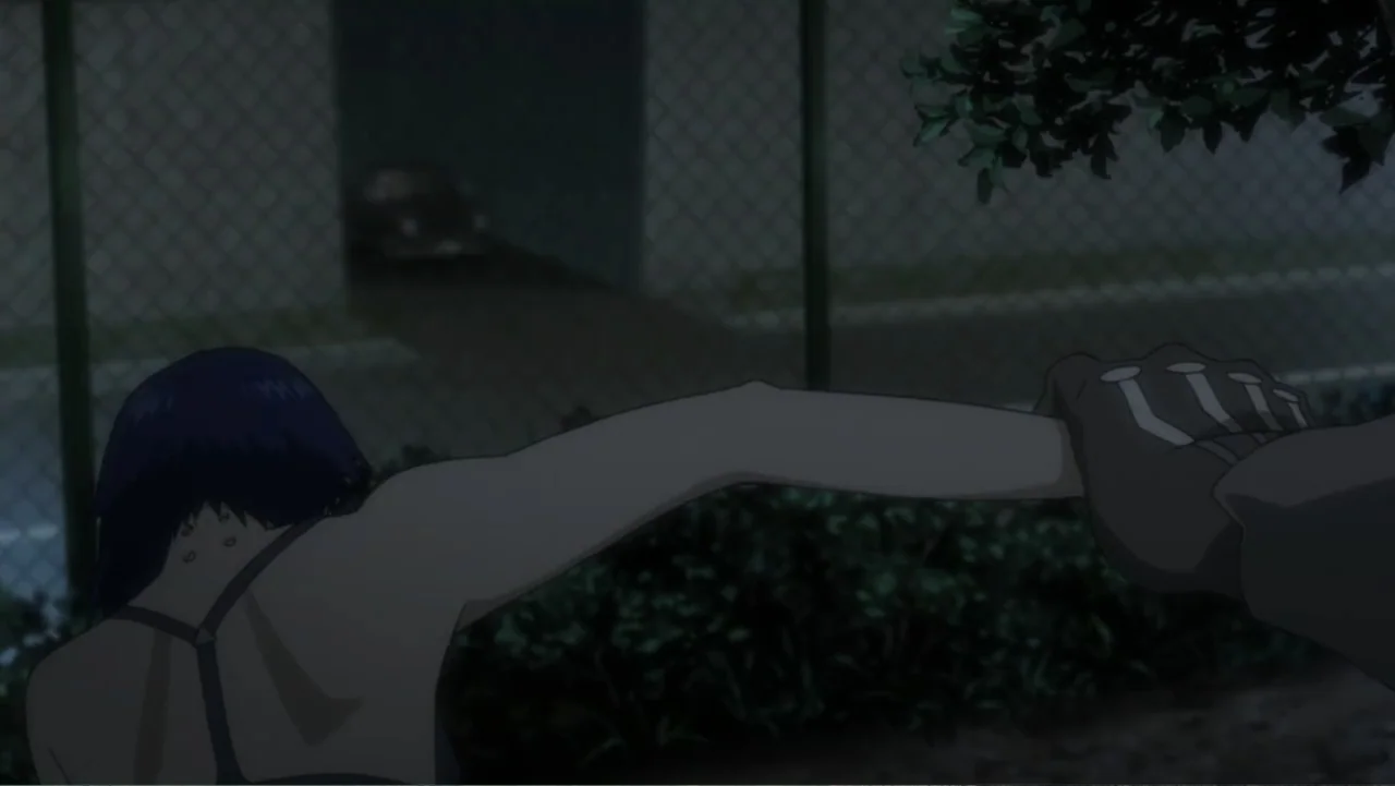 Ghost in the Shell: Arise - Border 1: Ghost Pain (2013) movie still: medium — An outdoor area at night features a chain link fence and dense dark…