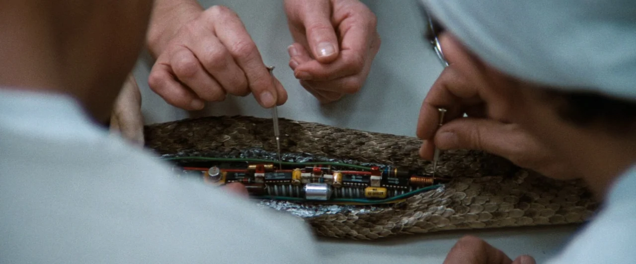 Westworld (1973) movie still: closeup — A lab table surface holds a realistic-looking snake with an electronic circuit board exposed. Two pairs of…