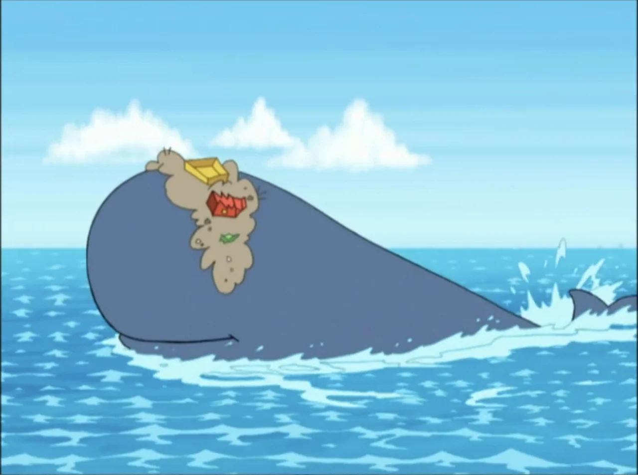 Dora the Explorer: Mermaid Adventures (2025) movie still: medium — A blue whale swims through the ocean under a clear blue sky. The whale has a pile…