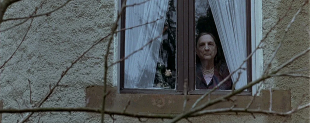 Calvaire (2004) movie still: medium — A textured stucco exterior wall features a single wooden-framed window with sheer curtains. An elderly woman…